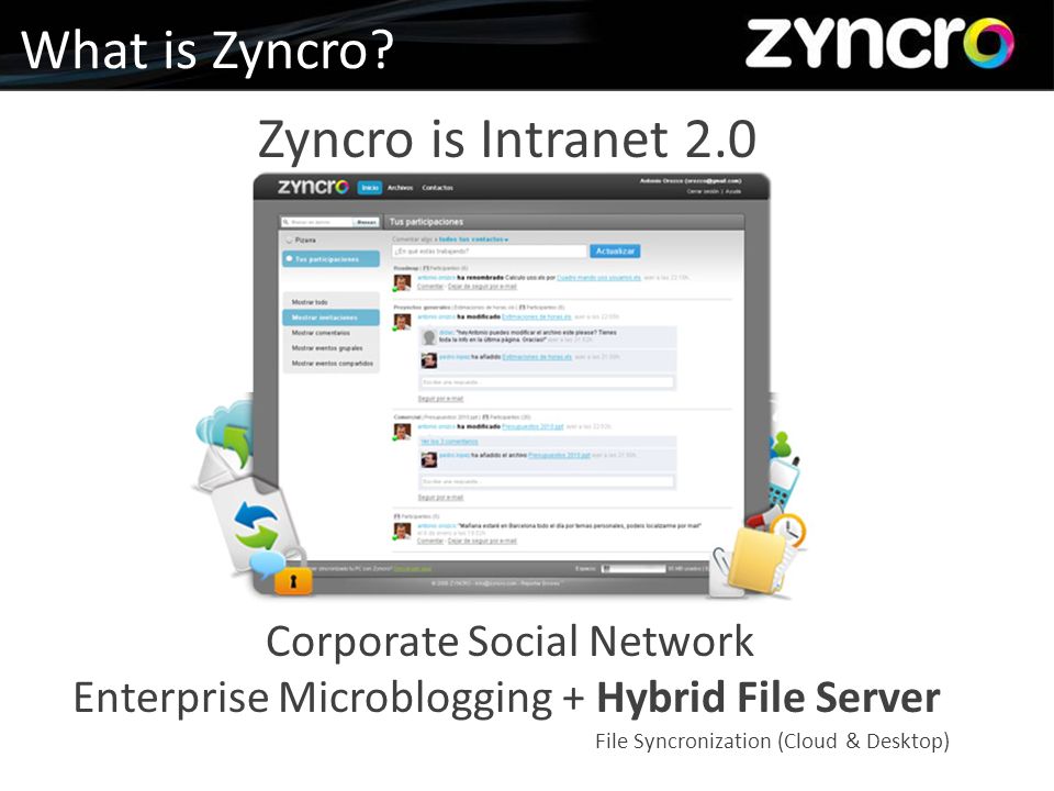 Zyncro is Intranet 2.0 Corporate Social Network Enterprise Microblogging + Hybrid File Server File Syncronization (Cloud & Desktop) What is Zyncro