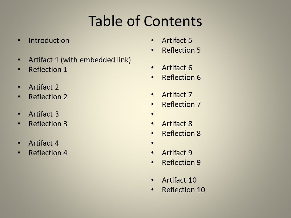 Table of Contents Introduction Artifact 1 (with embedded link) Reflection 1 Artifact 2 Reflection 2 Artifact 3 Reflection 3 Artifact 4 Reflection 4 Artifact 5 Reflection 5 Artifact 6 Reflection 6 Artifact 7 Reflection 7 Artifact 8 Reflection 8 Artifact 9 Reflection 9 Artifact 10 Reflection 10