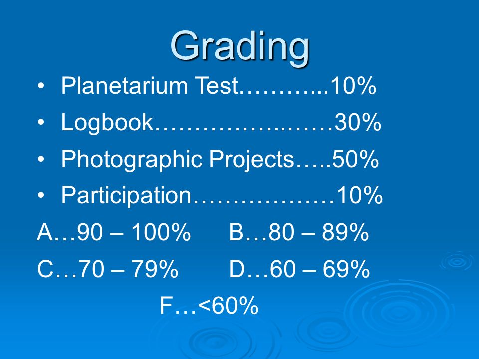 Grading Planetarium Test………...10% Logbook……………..……30% Photographic Projects…..50% Participation………………10% A…90 – 100%B…80 – 89% C…70 – 79%D…60 – 69% F…<60%