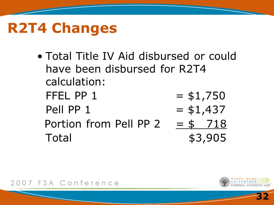32 R2T4 Changes Total Title IV Aid disbursed or could have been disbursed for R2T4 calculation: FFEL PP 1 = $1,750 Pell PP 1 = $1,437 Portion from Pell PP 2 = $ 718 Total $3,905