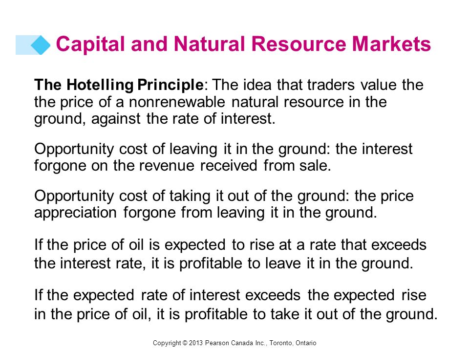 The Hotelling Principle: The idea that traders value the the price of a nonrenewable natural resource in the ground, against the rate of interest.