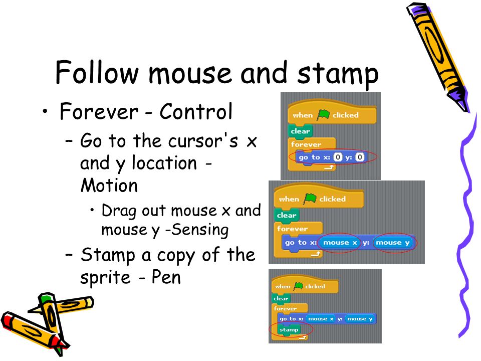 Follow mouse and stamp Forever - Control –Go to the cursor s x and y location - Motion Drag out mouse x and mouse y -Sensing –Stamp a copy of the sprite - Pen