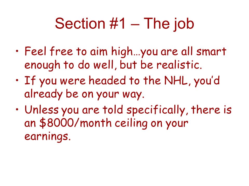Section #1 – The job Feel free to aim high…you are all smart enough to do well, but be realistic.