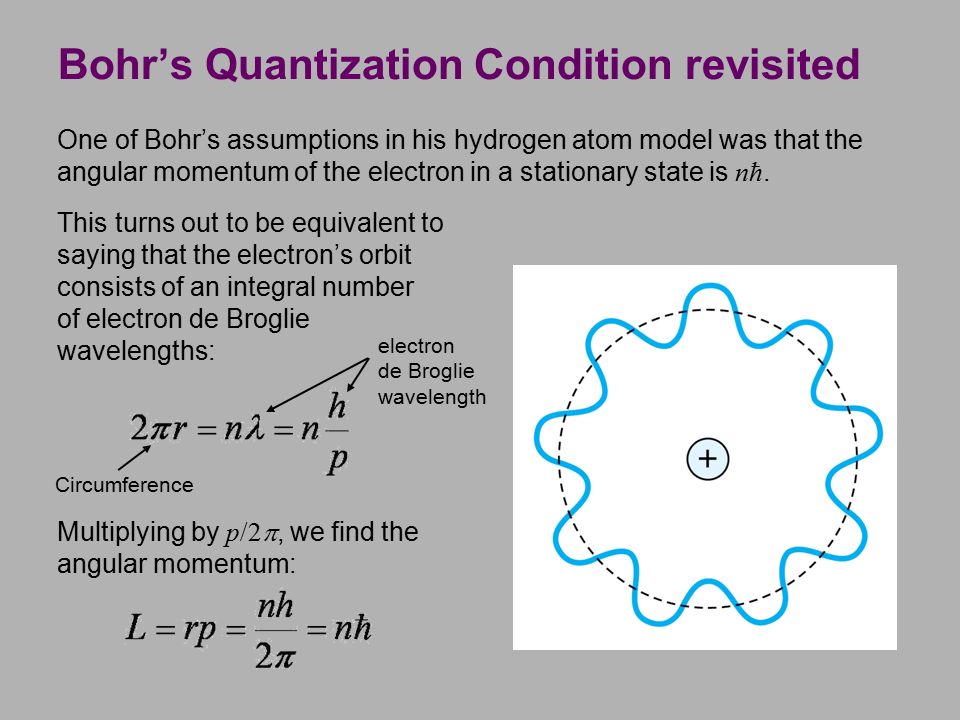 Bohr’s Quantization Condition revisited One of Bohr’s assumptions in his hydrogen atom model was that the angular momentum of the electron in a stationary state is nħ.