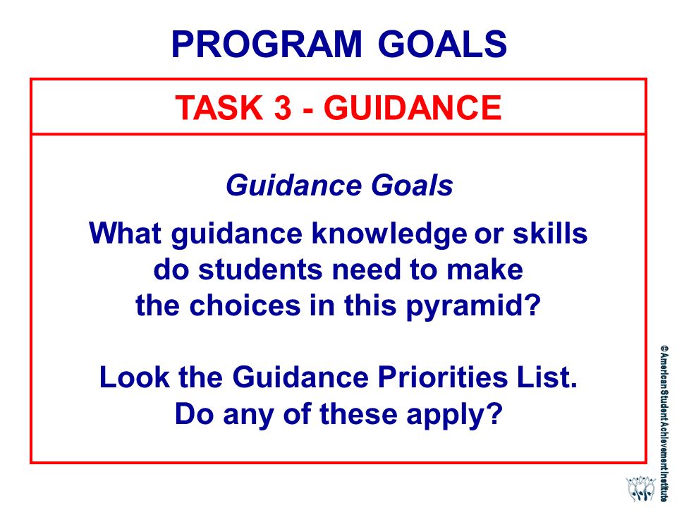 TASK 3 - GUIDANCE Guidance Goals What guidance knowledge or skills do students need to make the choices in this pyramid.