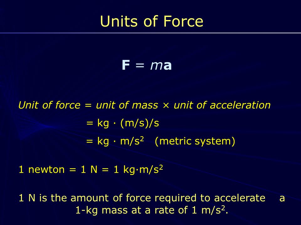 Units of Force F = ma Unit of force = unit of mass × unit of acceleration = kg · (m/s)/s = kg · m/s 2 (metric system) 1 newton = 1 N = 1 kg·m/s 2 1 N is the amount of force required to accelerate a 1-kg mass at a rate of 1 m/s 2.