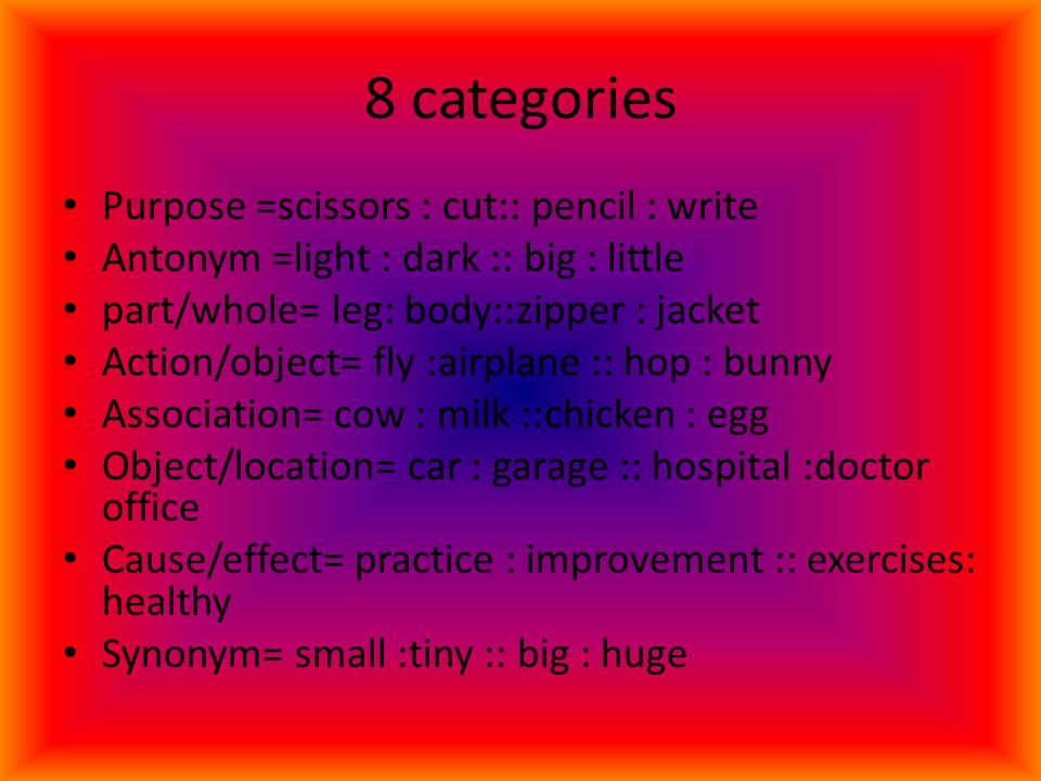 8 categories Purpose =scissors : cut:: pencil : write Antonym =light : dark :: big : little part/whole= leg: body::zipper : jacket Action/object= fly :airplane :: hop : bunny Association= cow : milk ::chicken : egg Object/location= car : garage :: hospital :doctor office Cause/effect= practice : improvement :: exercises: healthy Synonym= small :tiny :: big : huge
