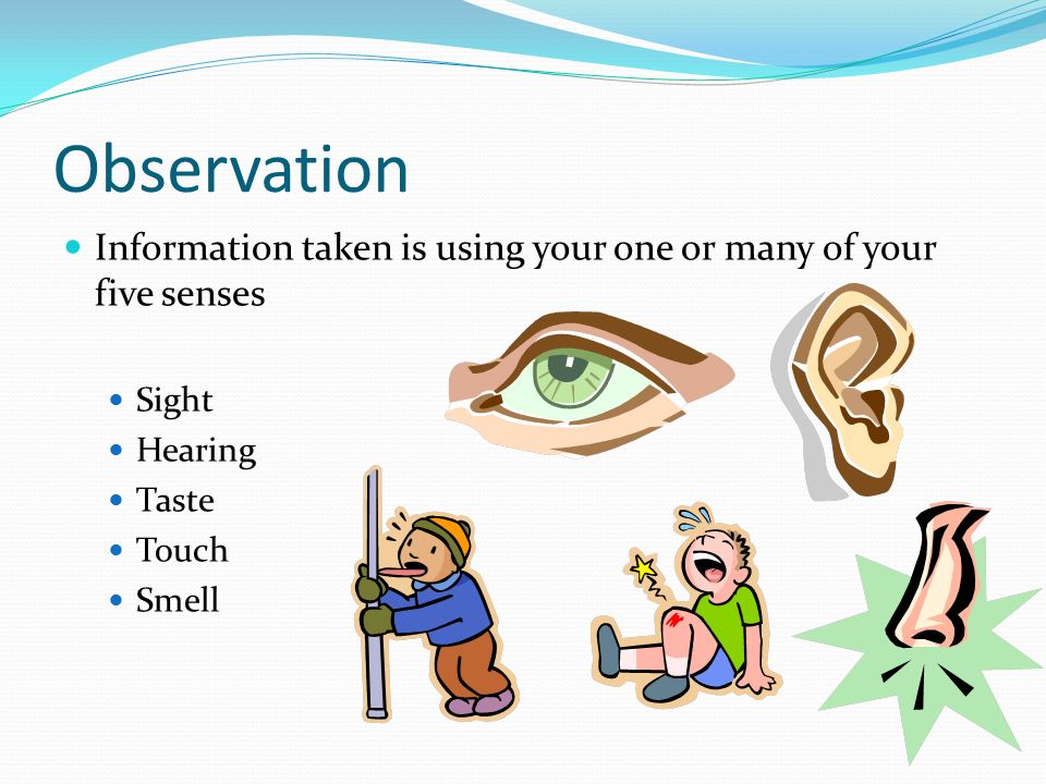 Observation Information taken is using your one or many of your five senses Sight Hearing Taste Touch Smell