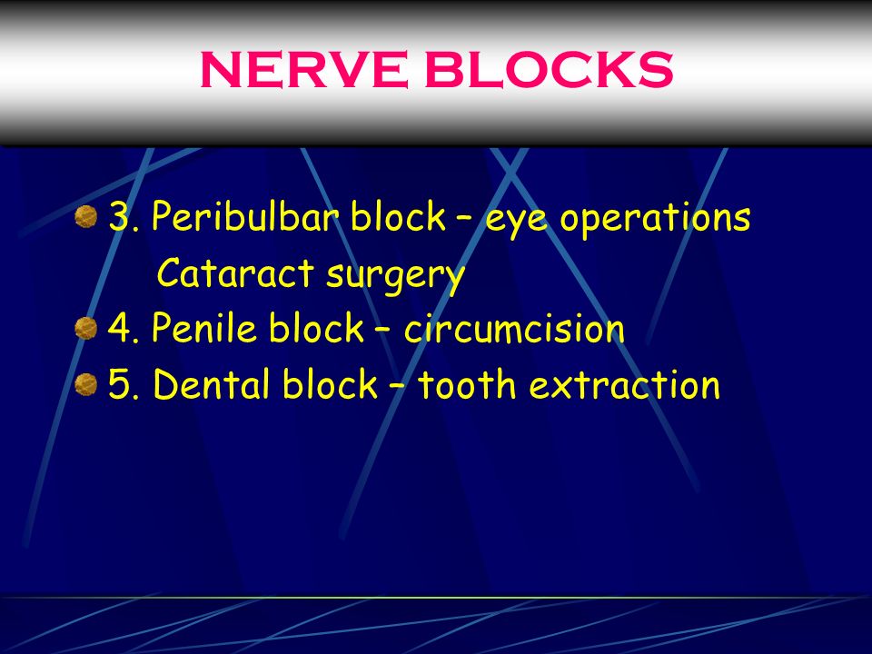 NERVE BLOCKS 3. Peribulbar block – eye operations Cataract surgery 4.