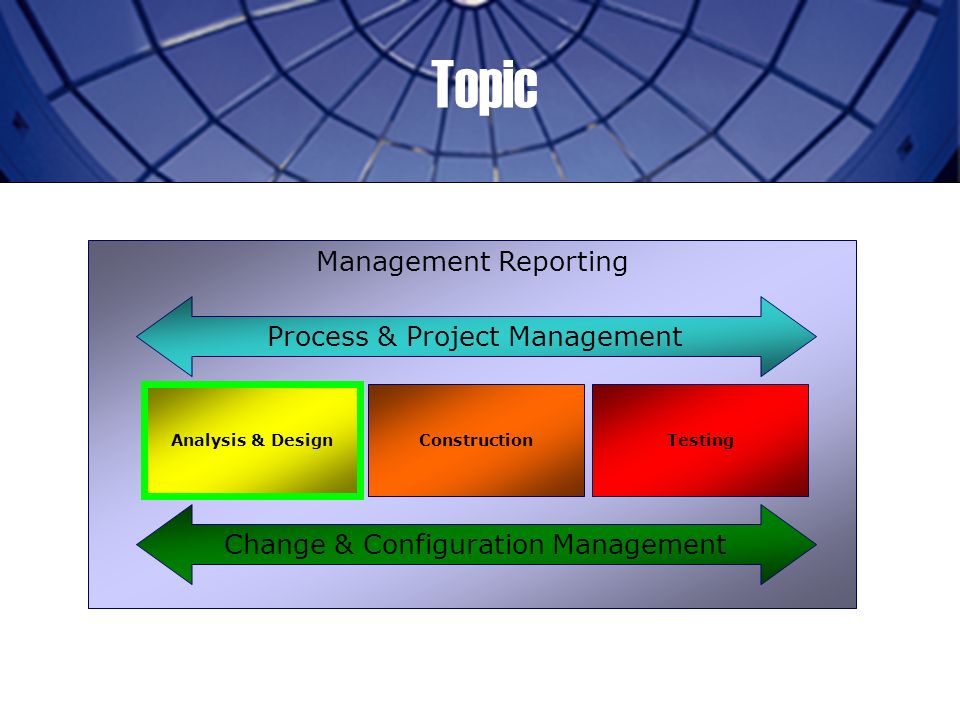 Topic Management Reporting Analysis & Design ConstructionTesting Process & Project Management Change & Configuration Management