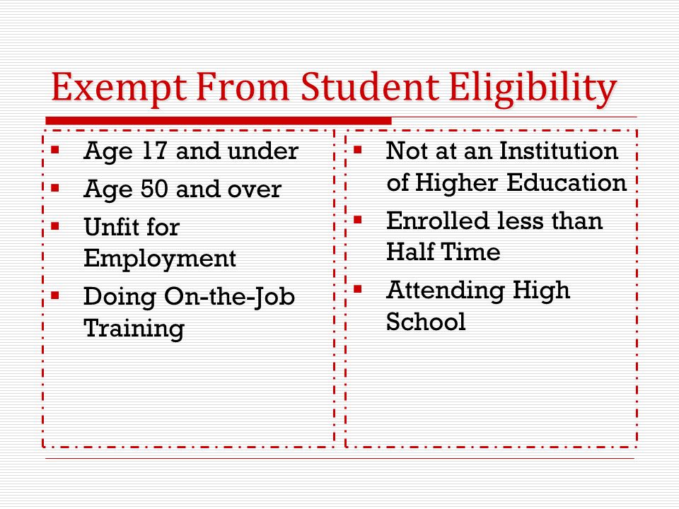 Exempt From Student Eligibility  Age 17 and under  Age 50 and over  Unfit for Employment  Doing On-the-Job Training  Not at an Institution of Higher Education  Enrolled less than Half Time  Attending High School