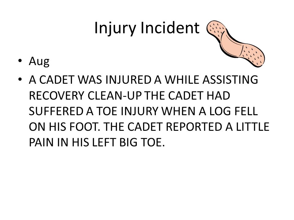 Injury Incident Aug A CADET WAS INJURED A WHILE ASSISTING RECOVERY CLEAN-UP THE CADET HAD SUFFERED A TOE INJURY WHEN A LOG FELL ON HIS FOOT.