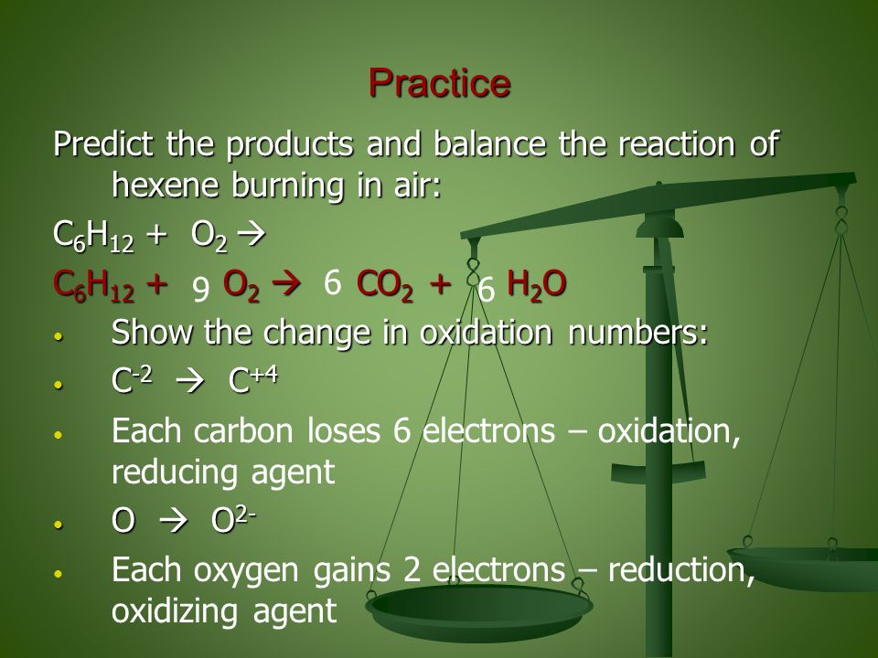 Practice Predict the products and balance the reaction of hexene burning in air: C 6 H 12 + O 2  C 6 H 12 + O 2  CO 2 + H 2 O Show the change in oxidation numbers: Show the change in oxidation numbers: C -2  C +4 C -2  C +4 Each carbon loses 6 electrons – oxidation, reducing agent O  O 2- O  O 2- Each oxygen gains 2 electrons – reduction, oxidizing agent 6 69