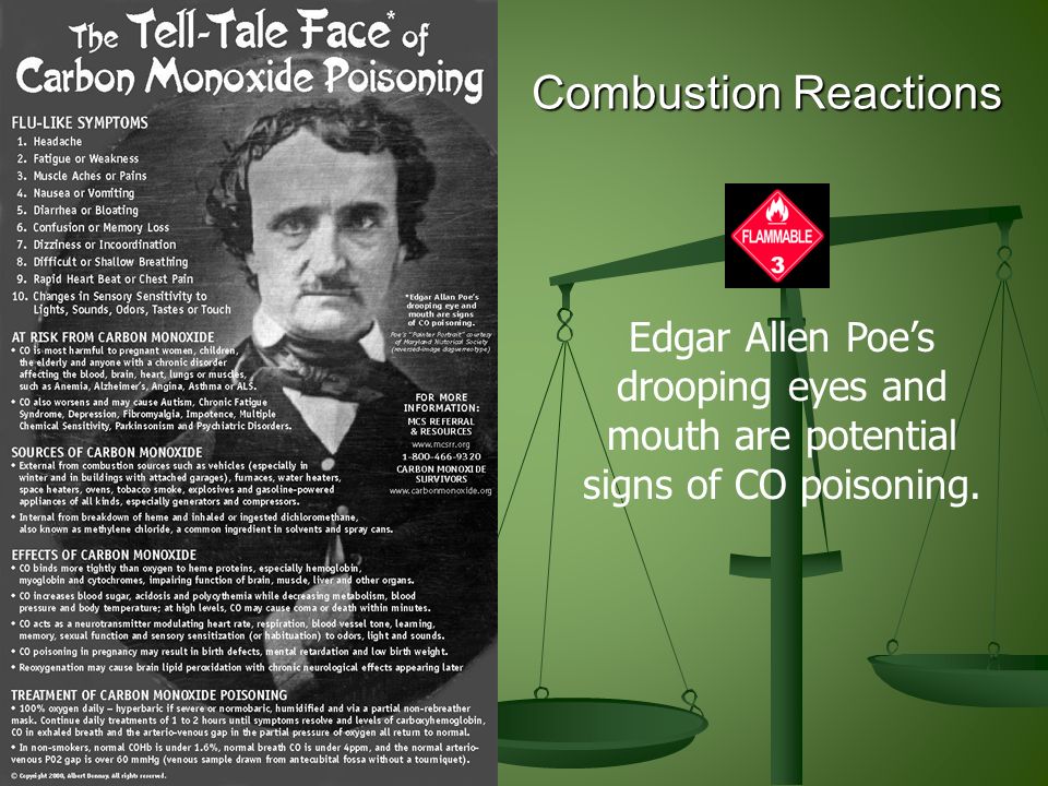 Combustion Reactions Combustion Reactions Edgar Allen Poe’s drooping eyes and mouth are potential signs of CO poisoning.