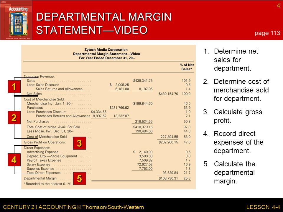 CENTURY 21 ACCOUNTING © Thomson/South-Western 4 LESSON 4-4 DEPARTMENTAL MARGIN STATEMENT—VIDEO page Determine net sales for department.