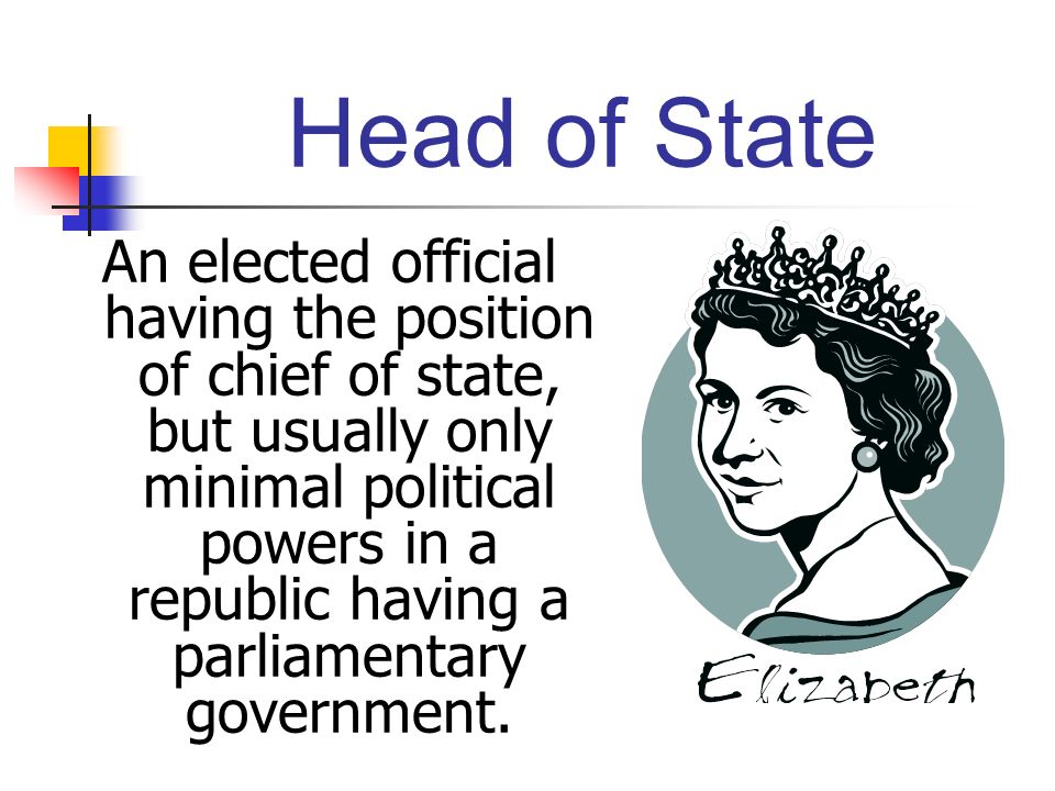 Head of State An elected official having the position of chief of state, but usually only minimal political powers in a republic having a parliamentary government.