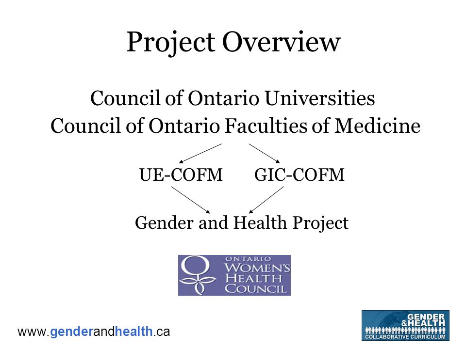 Project Overview Council of Ontario Universities Council of Ontario Faculties of Medicine UE-COFM GIC-COFM Gender and Health Project
