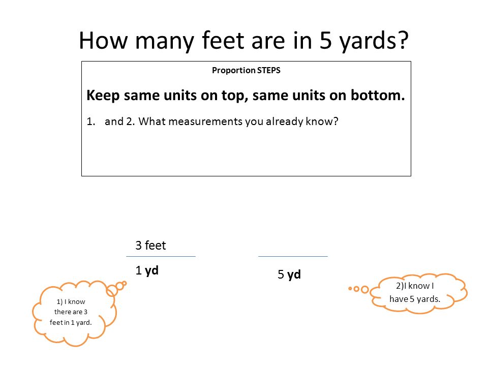 How many feet are in 5 yards. Proportion STEPS Keep same units on top, same units on bottom.