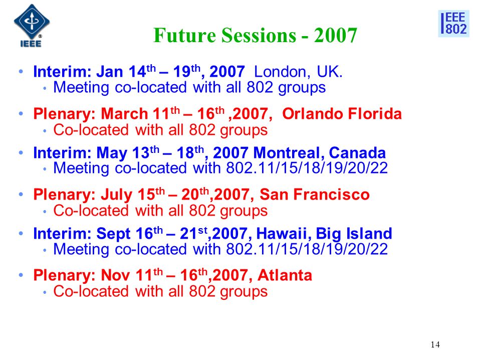 14 Future Sessions Interim: Jan 14 th – 19 th, 2007 London, UK.