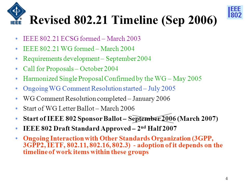 4 Revised Timeline (Sep 2006) IEEE ECSG formed – March 2003 IEEE WG formed – March 2004 Requirements development – September 2004 Call for Proposals – October 2004 Harmonized Single Proposal Confirmed by the WG – May 2005 Ongoing WG Comment Resolution started – July 2005 WG Comment Resolution completed – January 2006 Start of WG Letter Ballot – March 2006 Start of IEEE 802 Sponsor Ballot – September 2006 (March 2007) IEEE 802 Draft Standard Approved – 2 nd Half 2007 Ongoing Interaction with Other Standards Organization (3GPP, 3GPP2, IETF, , , 802.3) - adoption of it depends on the timeline of work items within these groups