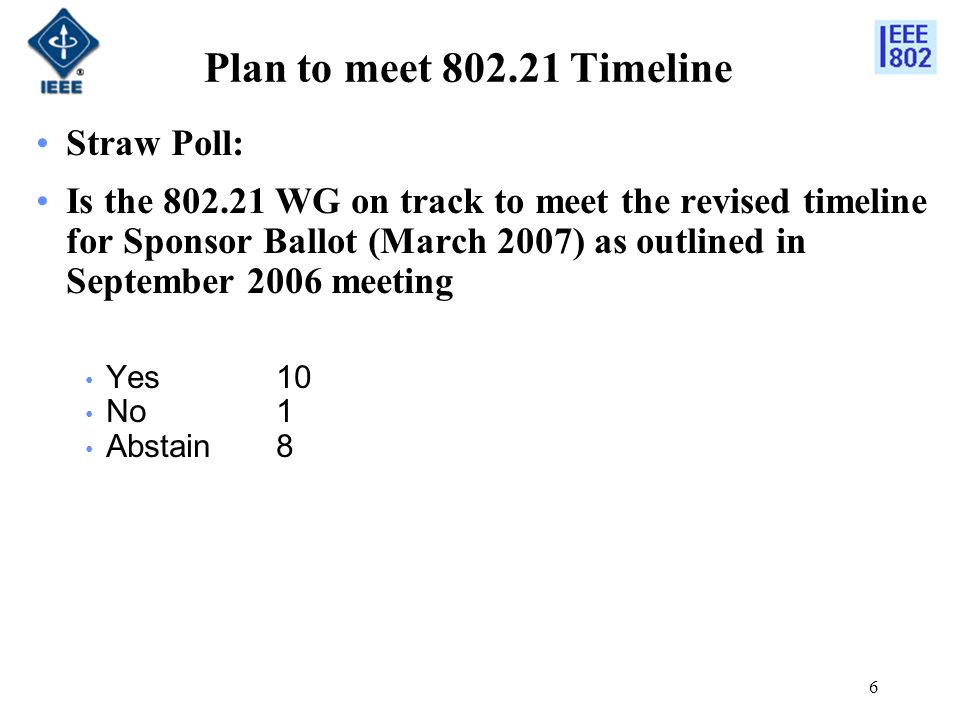 6 Plan to meet Timeline Straw Poll: Is the WG on track to meet the revised timeline for Sponsor Ballot (March 2007) as outlined in September 2006 meeting Yes10 No1 Abstain8