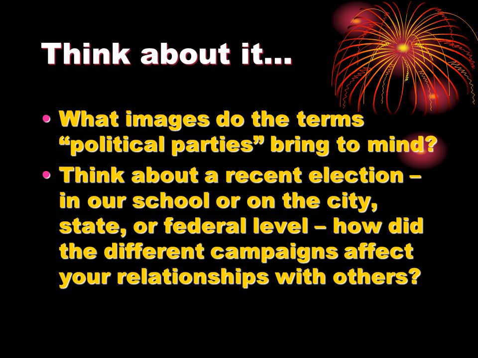 Think about it… What images do the terms political parties bring to mind What images do the terms political parties bring to mind.