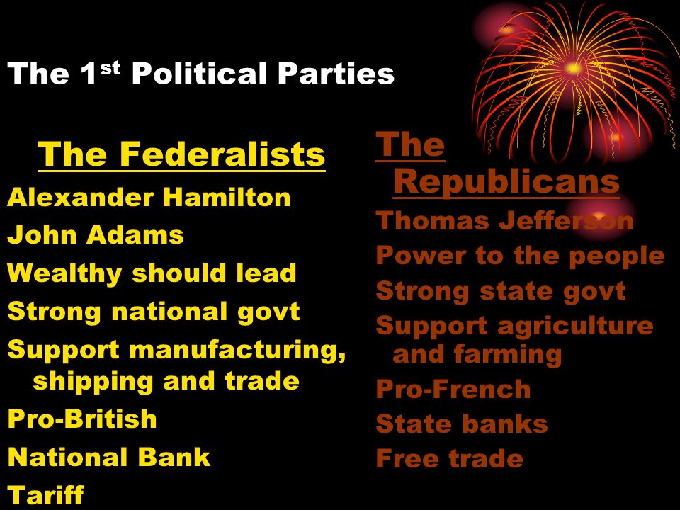 The 1 st Political Parties The Federalists Alexander Hamilton John Adams Wealthy should lead Strong national govt Support manufacturing, shipping and trade Pro-British National Bank Tariff The Republicans Thomas Jefferson Power to the people Strong state govt Support agriculture and farming Pro-French State banks Free trade