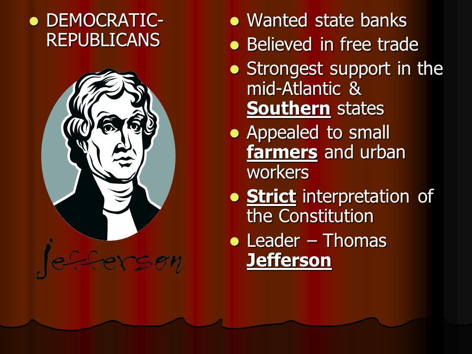DEMOCRATIC- REPUBLICANS DEMOCRATIC- REPUBLICANS Wanted state banks Wanted state banks Believed in free trade Believed in free trade Strongest support in the mid-Atlantic & Southern states Strongest support in the mid-Atlantic & Southern states Appealed to small farmers and urban workers Appealed to small farmers and urban workers Strict interpretation of the Constitution Strict interpretation of the Constitution Leader – Thomas Jefferson Leader – Thomas Jefferson