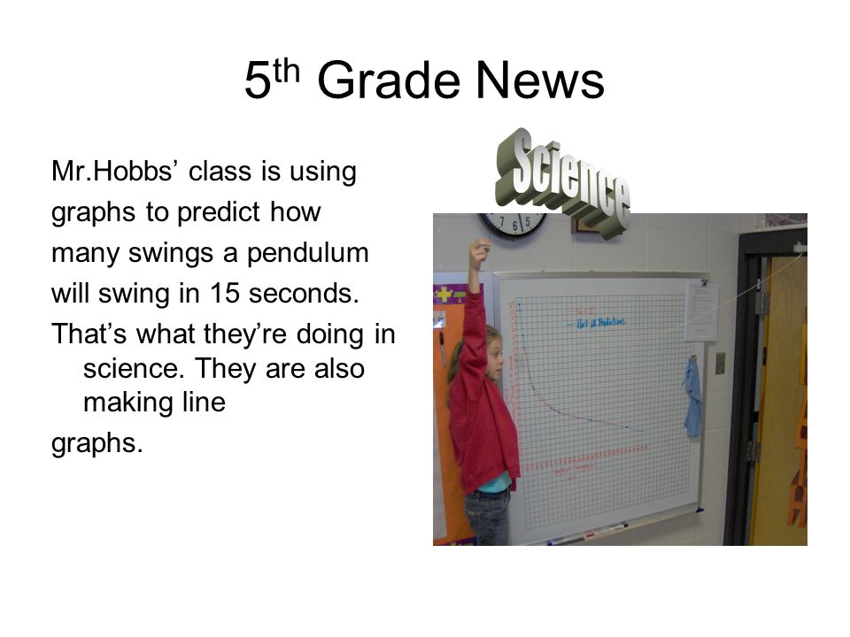 5 th Grade News Mr.Hobbs’ class is using graphs to predict how many swings a pendulum will swing in 15 seconds.