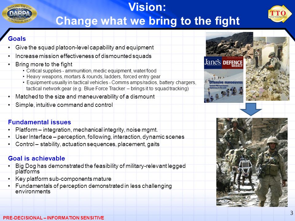 3 Vision: Change what we bring to the fight Goals Give the squad platoon-level capability and equipment Increase mission effectiveness of dismounted squads Bring more to the fight Critical supplies - ammunition, medic equipment, water/food Heavy weapons, mortars & rounds, ladders, forced entry gear Equipment usually in tactical vehicles - Comms amps/radios, battery chargers, tactical network gear (e.g.