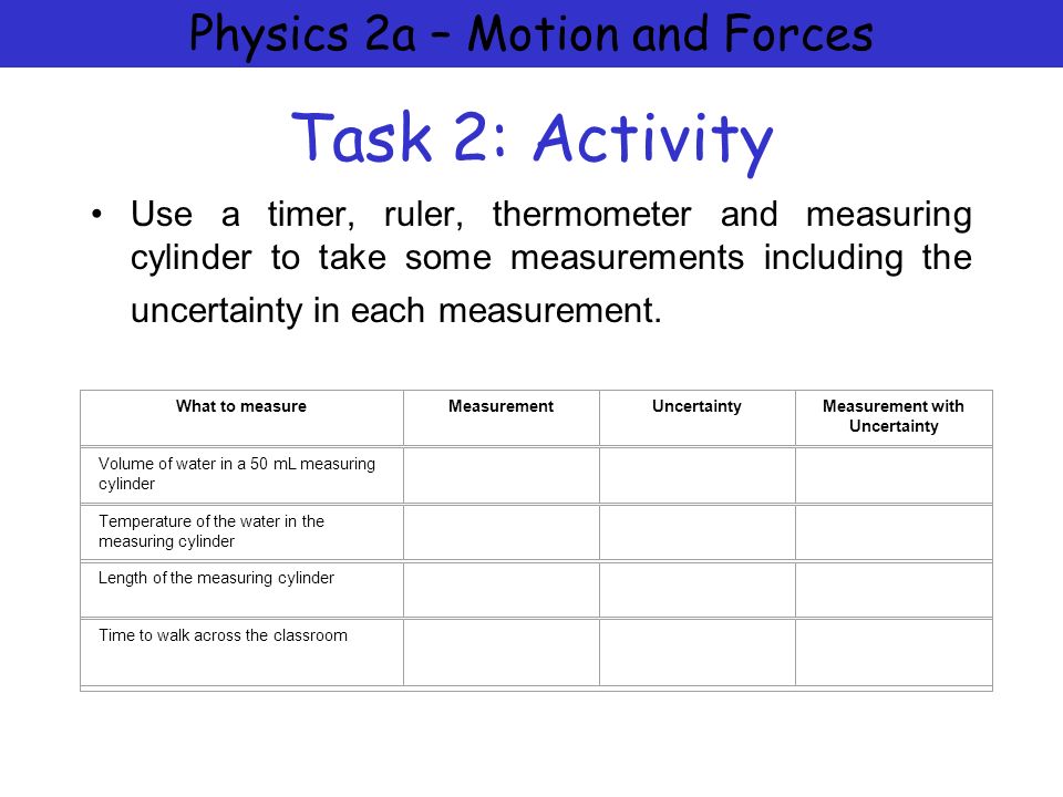 Physics 2a – Motion and Forces Task 2: Activity Use a timer, ruler, thermometer and measuring cylinder to take some measurements including the uncertainty in each measurement.