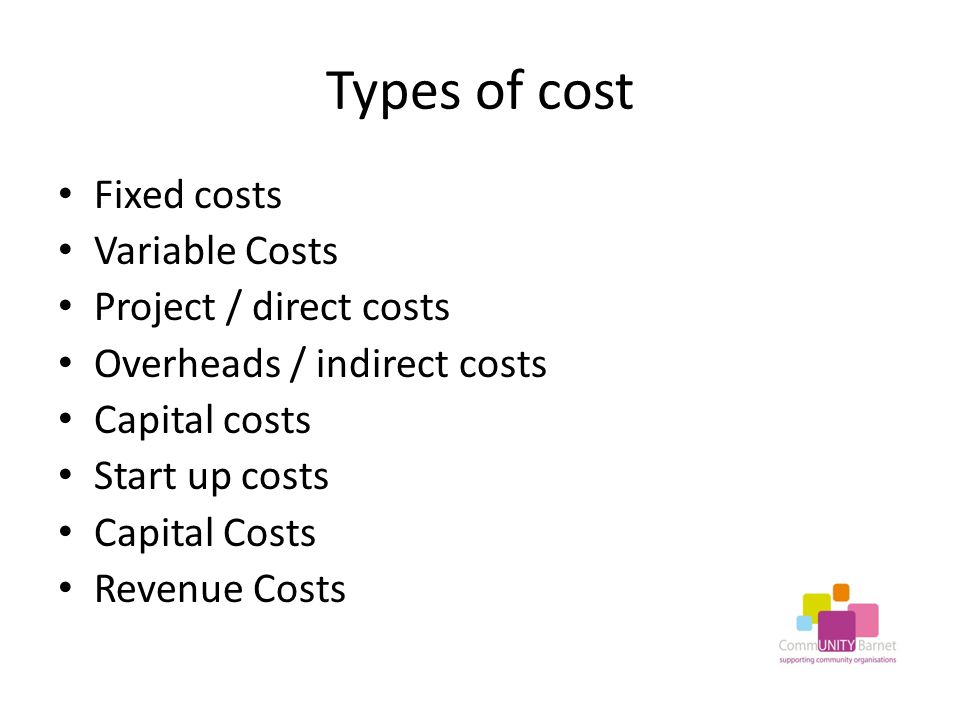 Types of cost Fixed costs Variable Costs Project / direct costs Overheads / indirect costs Capital costs Start up costs Capital Costs Revenue Costs