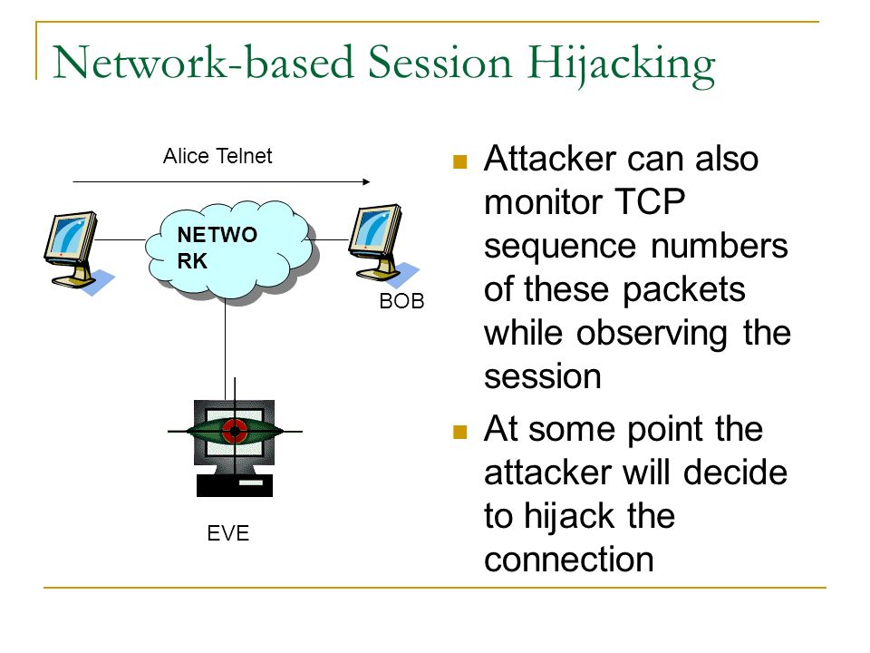 Network-based Session Hijacking Attacker can also monitor TCP sequence numbers of these packets while observing the session At some point the attacker will decide to hijack the connection NETWO RK EVE BOB Alice Telnet