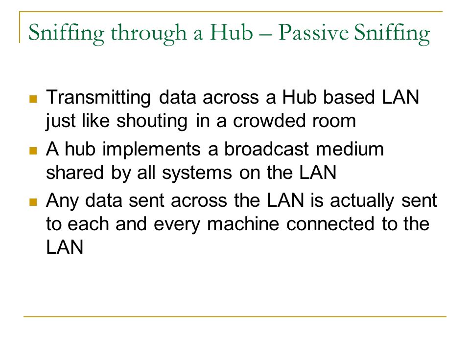 Sniffing through a Hub – Passive Sniffing Transmitting data across a Hub based LAN just like shouting in a crowded room A hub implements a broadcast medium shared by all systems on the LAN Any data sent across the LAN is actually sent to each and every machine connected to the LAN