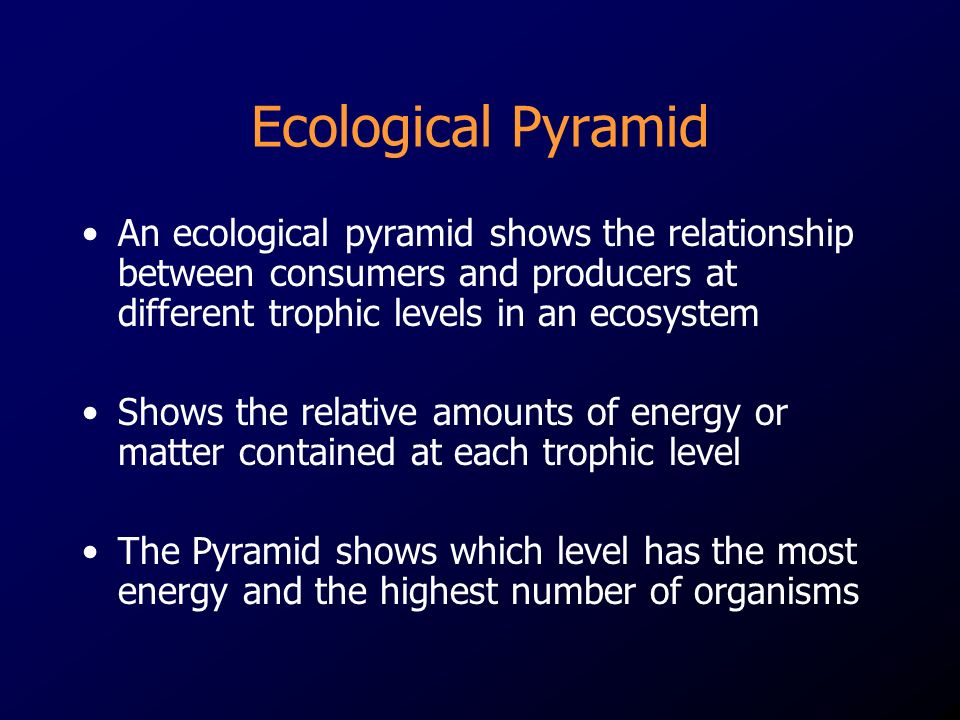 Ecological Pyramid An ecological pyramid shows the relationship between consumers and producers at different trophic levels in an ecosystem Shows the relative amounts of energy or matter contained at each trophic level The Pyramid shows which level has the most energy and the highest number of organisms
