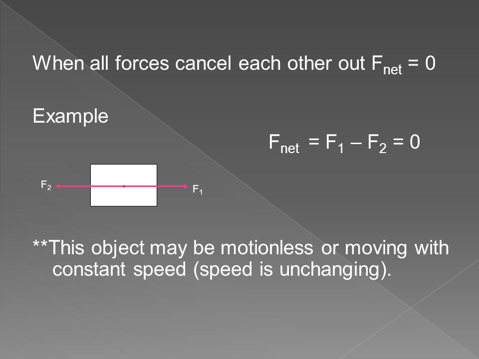 When all forces cancel each other out F net = 0 Example F net = F 1 – F 2 = 0 **This object may be motionless or moving with constant speed (speed is unchanging).