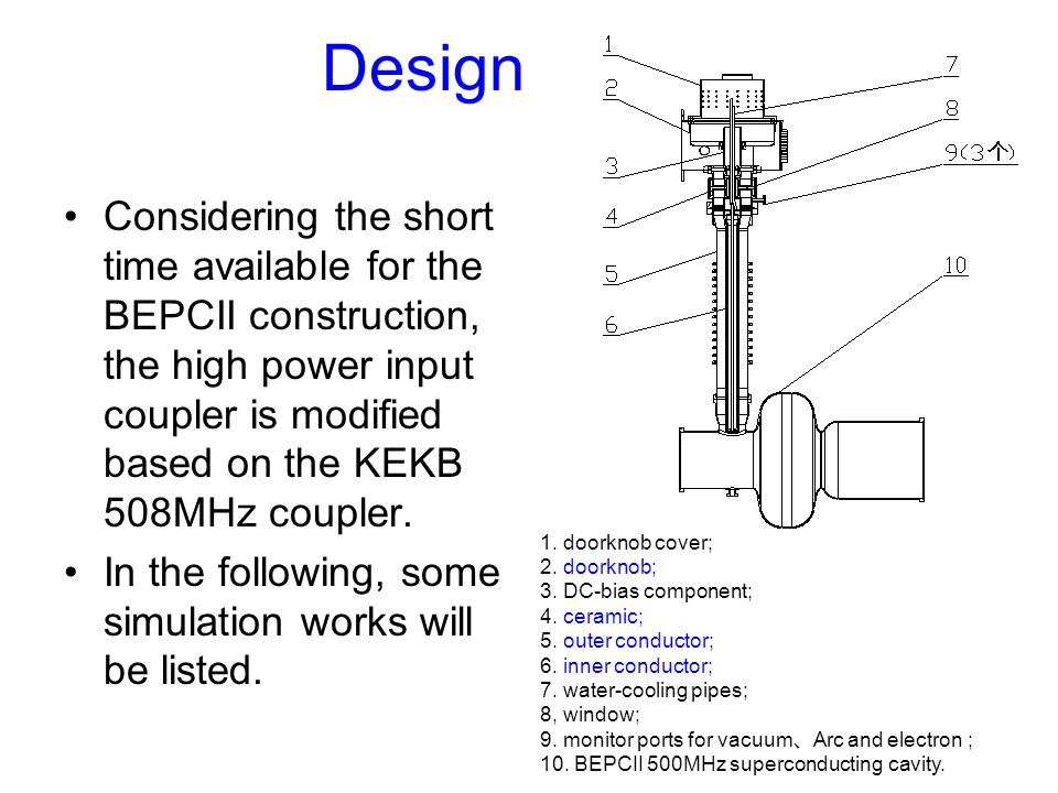 Design Considering the short time available for the BEPCII construction, the high power input coupler is modified based on the KEKB 508MHz coupler.