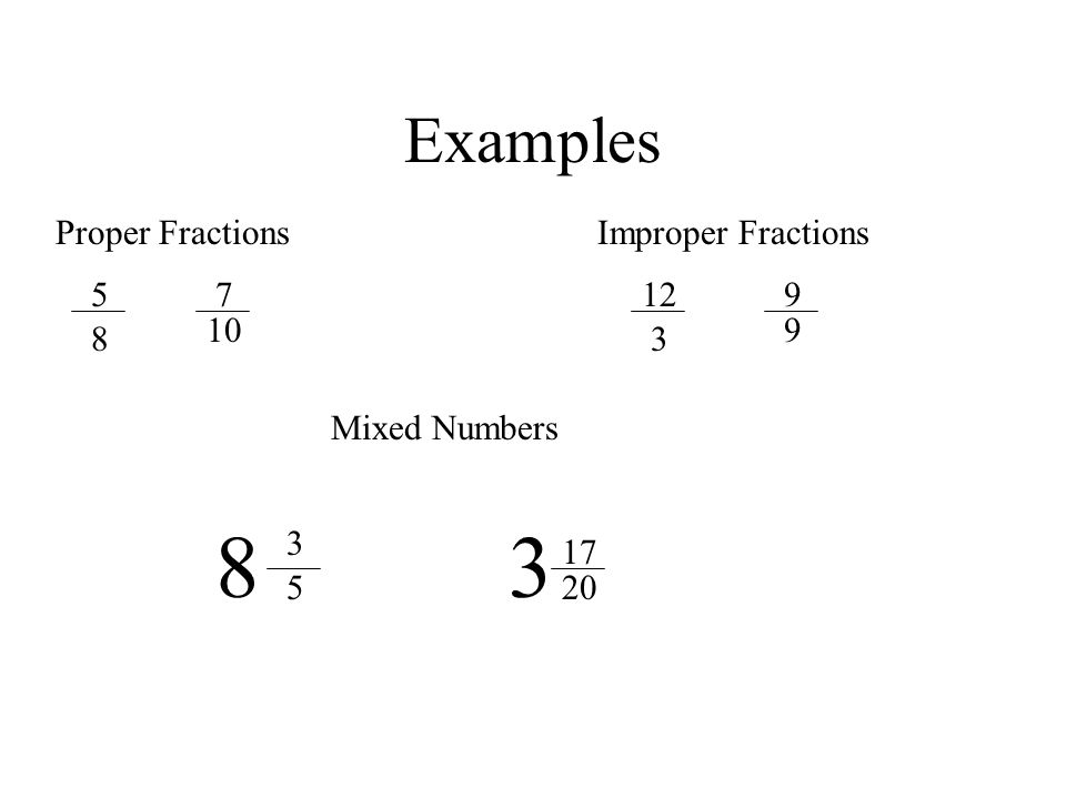 Examples Proper FractionsImproper Fractions Mixed Numbers