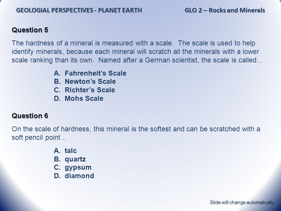 GLO 2 Earth Composition There are 20 questions on this test: Rocks
