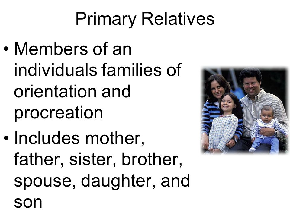 Primary Relatives Members of an individuals families of orientation and procreation Includes mother, father, sister, brother, spouse, daughter, and son