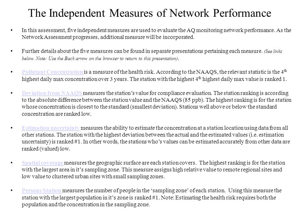 The Independent Measures of Network Performance In this assessment, five independent measures are used to evaluate the AQ monitoring network performance.