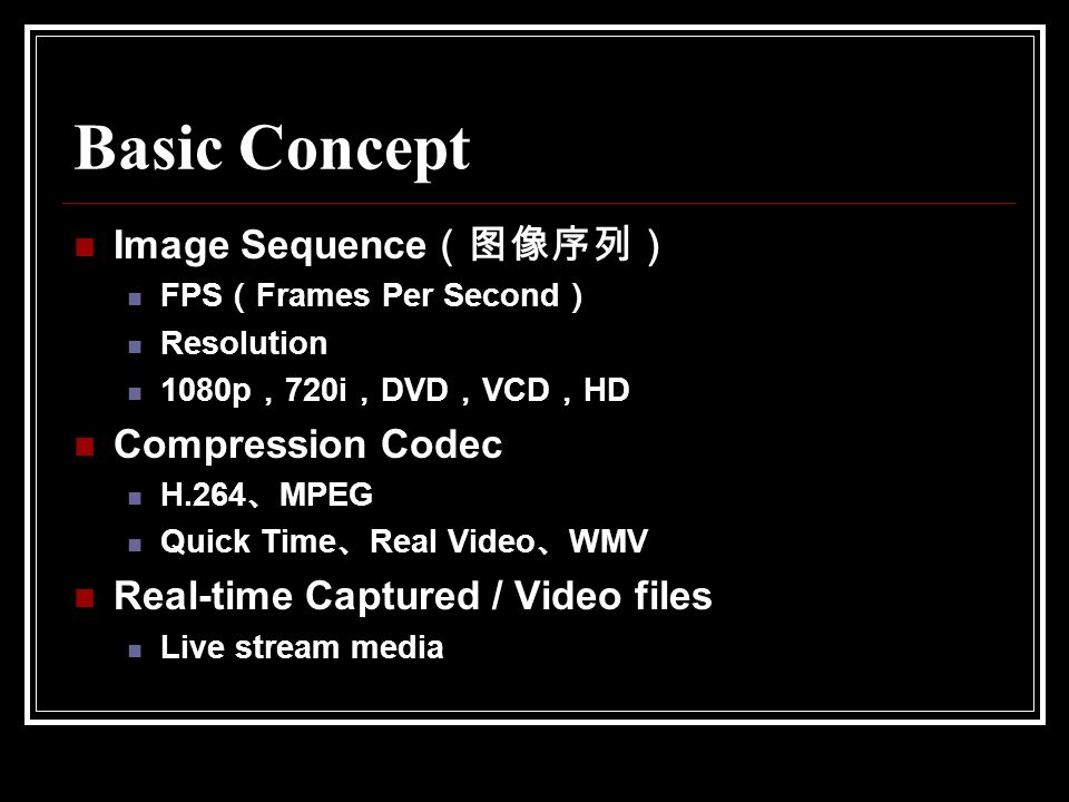 视频处理相关技术. Basic Concept Image Sequence （图像序列） FPS （ Frames Per Second ）  Resolution 1080p ， 720i ， DVD ， VCD ， HD Compression Codec H.264 、 MPEG  Quick. - ppt download