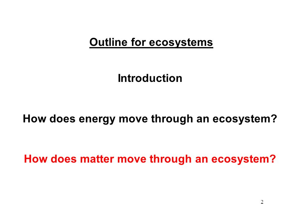2 Outline for ecosystems Introduction How does energy move through an ecosystem.