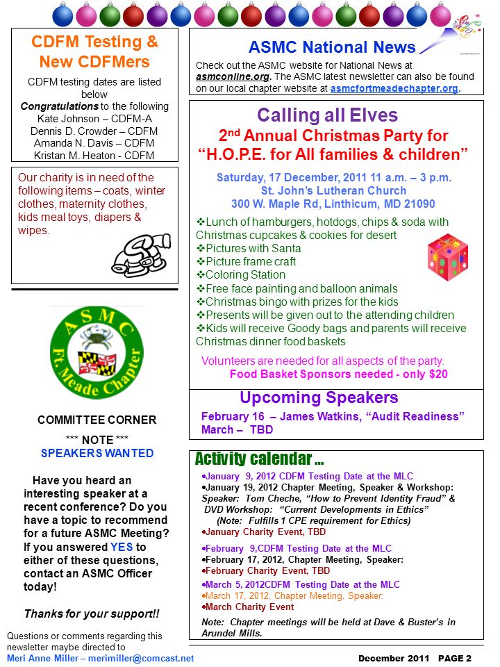 December 2011 PAGE 2 CDFM Testing & New CDFMers COMMITTEE CORNER *** NOTE *** SPEAKERS WANTED Have you heard an interesting speaker at a recent conference.