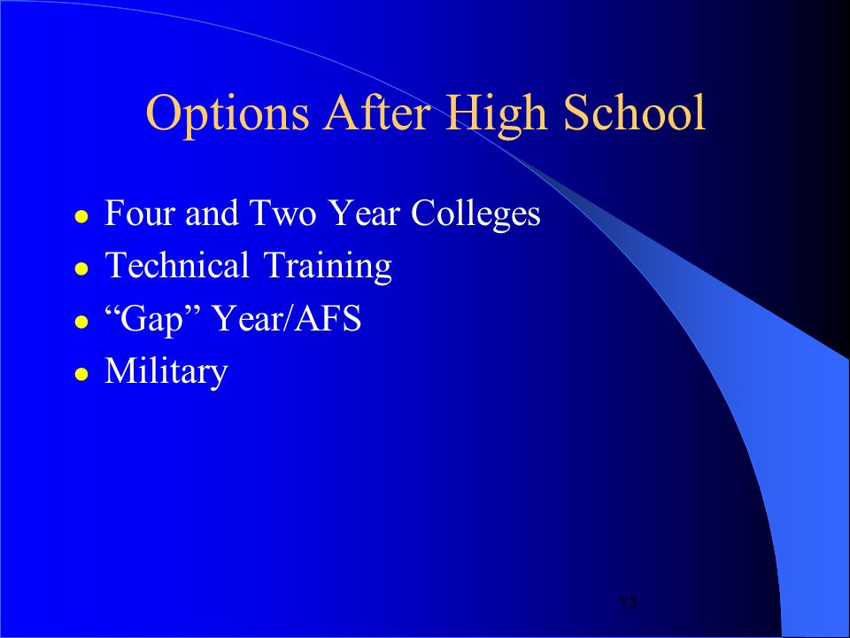 Options After High School ● Four and Two Year Colleges ● Technical Training ● Gap Year/AFS ● Military 13