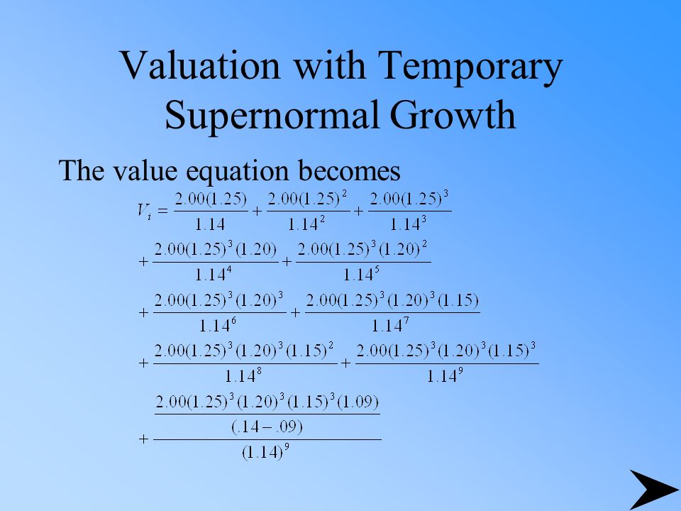 Valuation with Temporary Supernormal Growth The value equation becomes