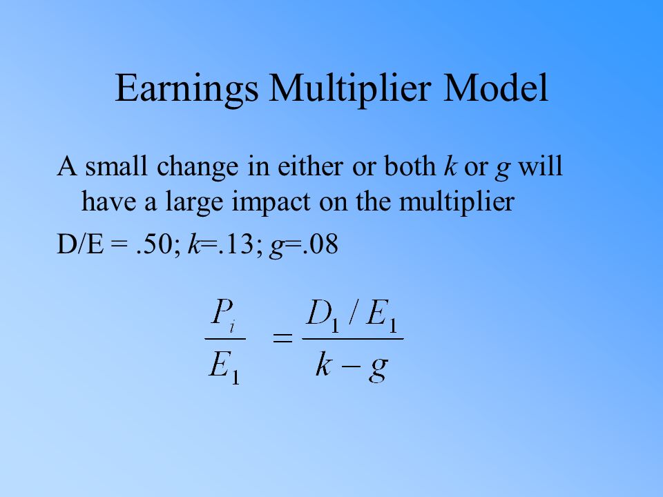 Earnings Multiplier Model A small change in either or both k or g will have a large impact on the multiplier D/E =.50; k=.13; g=.08