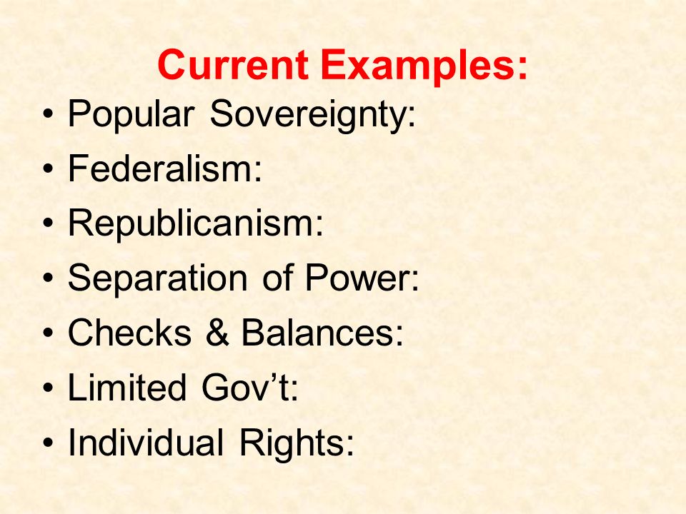 Current Examples: Popular Sovereignty: Federalism: Republicanism: Separation of Power: Checks & Balances: Limited Gov’t: Individual Rights: