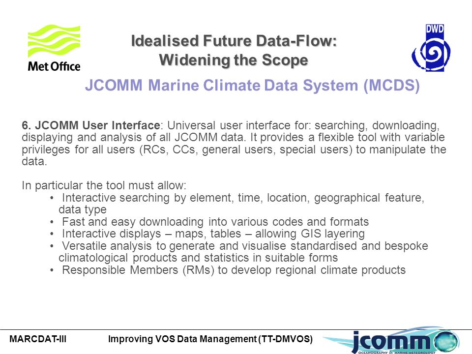 MARCDAT-III Improving VOS Data Management (TT-DMVOS) JCOMM Marine Climate Data System (MCDS) 6.