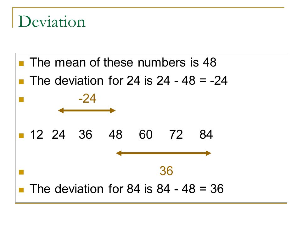 Deviation The mean of these numbers is 48 The deviation for 24 is = The deviation for 84 is = 36